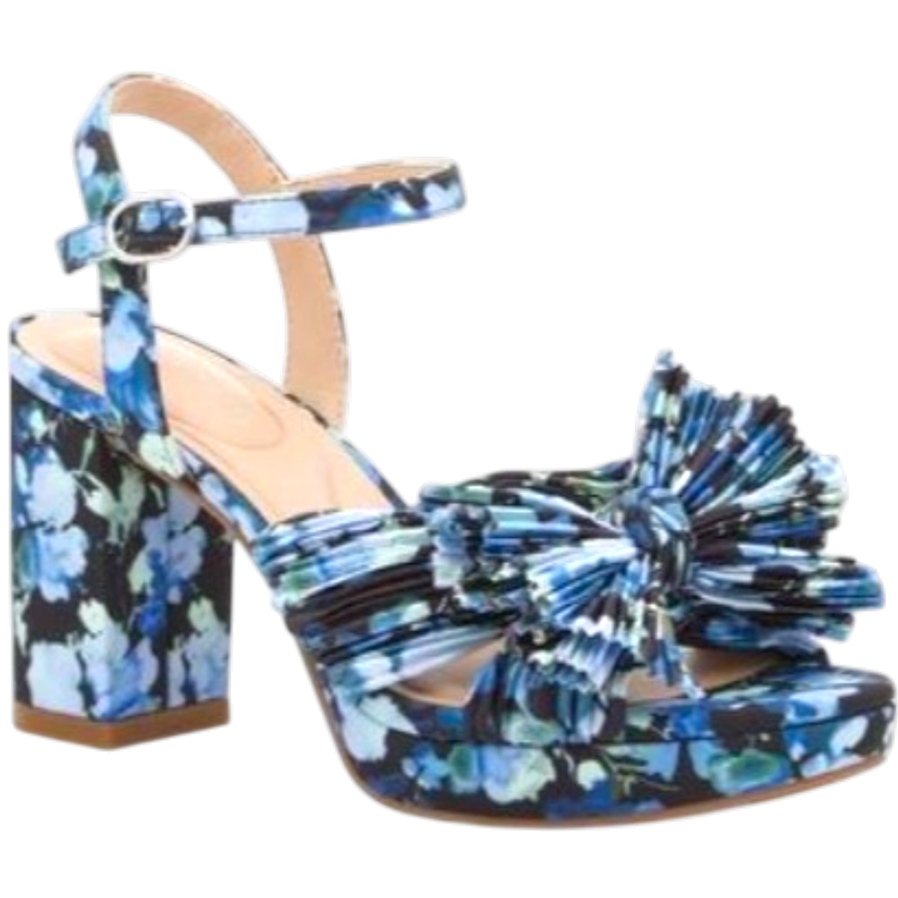 Kelly & Katie Heather Floral Sandals Blue Black Pleated Bow Block Heels 8M